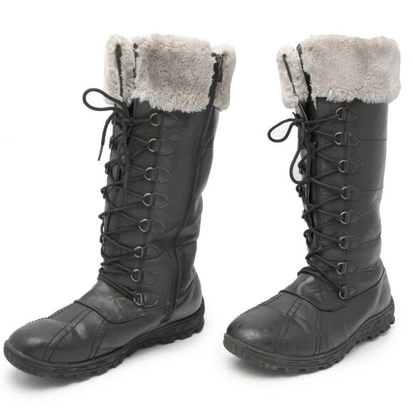 Kozi by Vangelo Vegan Leather Faux Fur Lined Winter Boots Black Lace Up Zipper - Picture 1 of 11